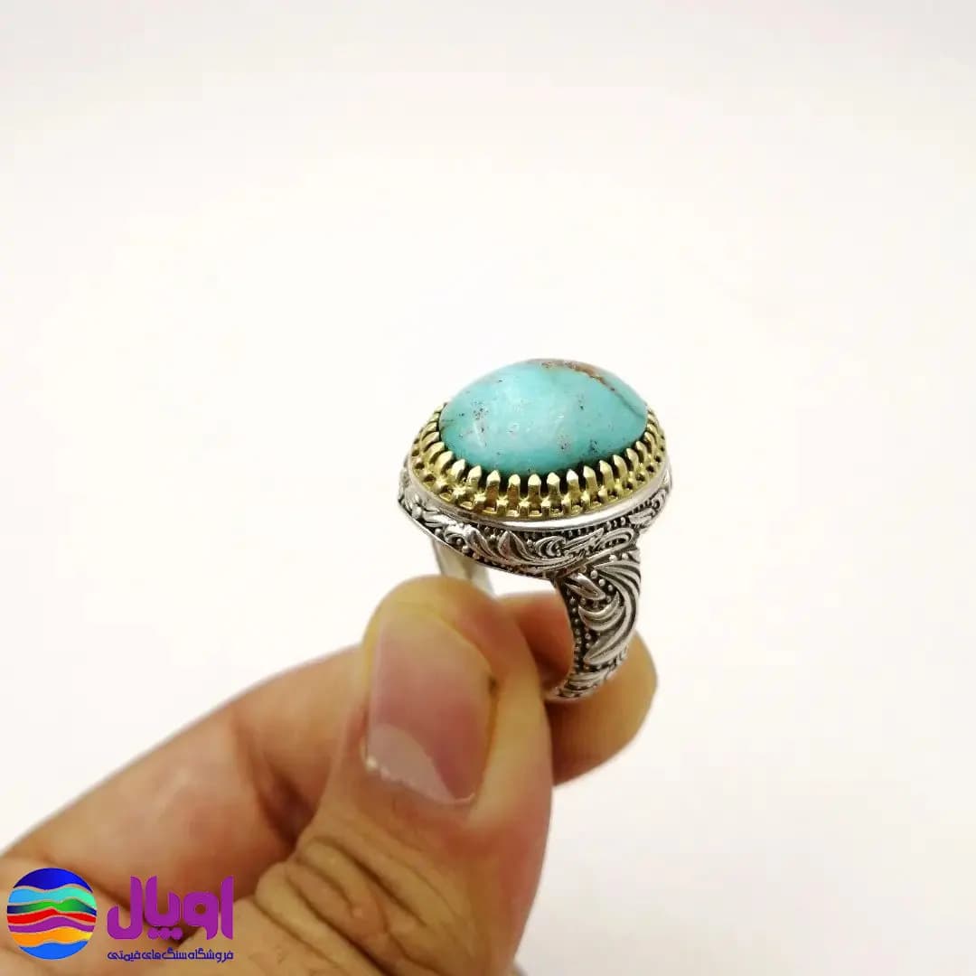 انگشتر نقره مردانه با نگین فیروزه بیضی 3.9 گرم — تصویر ۶