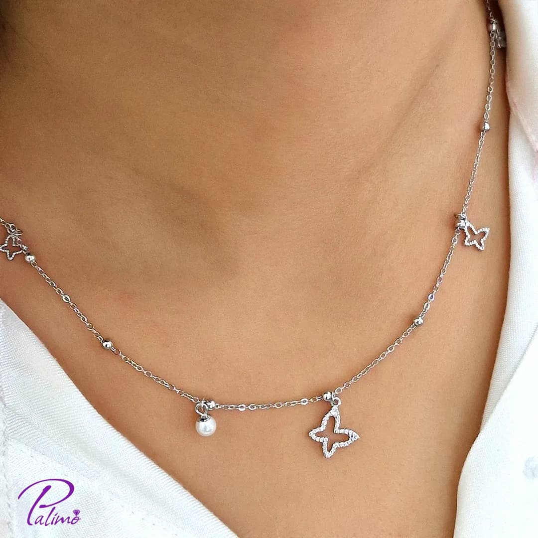 گردنبند نقره پروانه و مروارید N2218 با روکش طلای سفید — تصویر ۳
