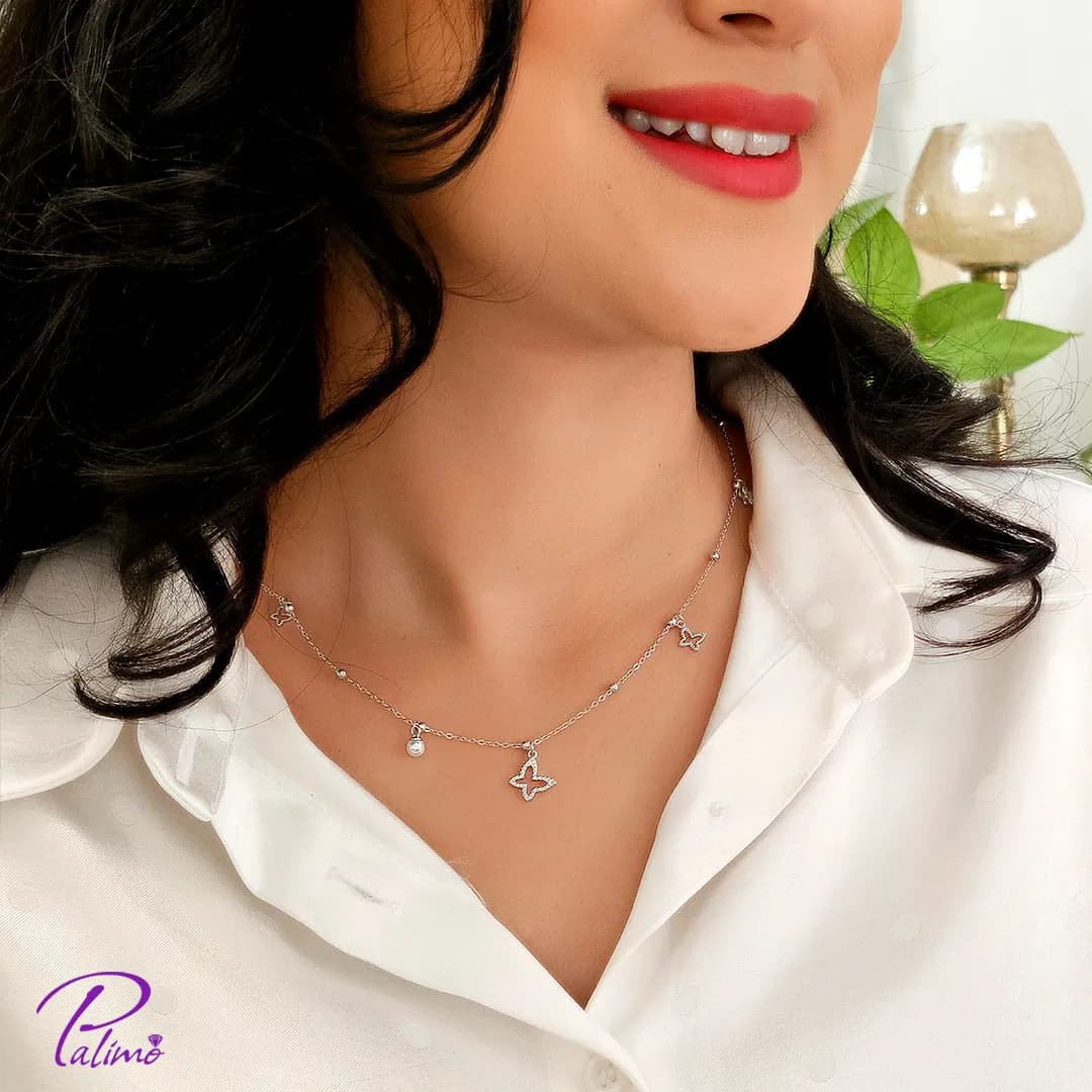 گردنبند نقره پروانه و مروارید N2218 با روکش طلای سفید — تصویر ۲