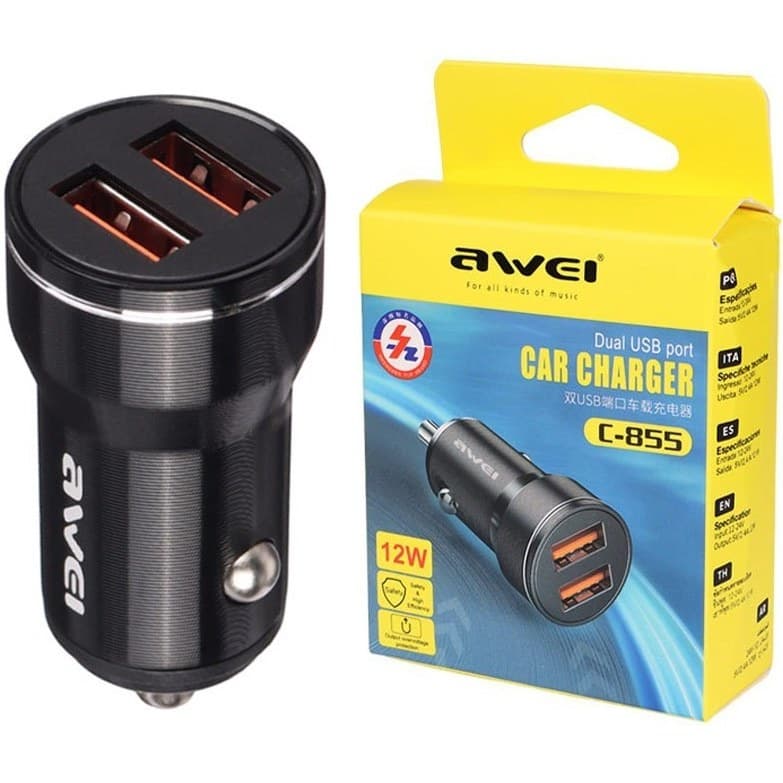شارژر فندکی اوی AWEI مدل C-855 با دو درگاه USB (۱۲ وات)