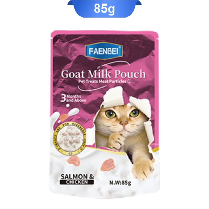 پوچ گربه فنبی مدل چانک طعم سالمون و مرغ داخل شیر بز وزن 85 گرم کد 103188 Faenbei Goat Milk Pouch
