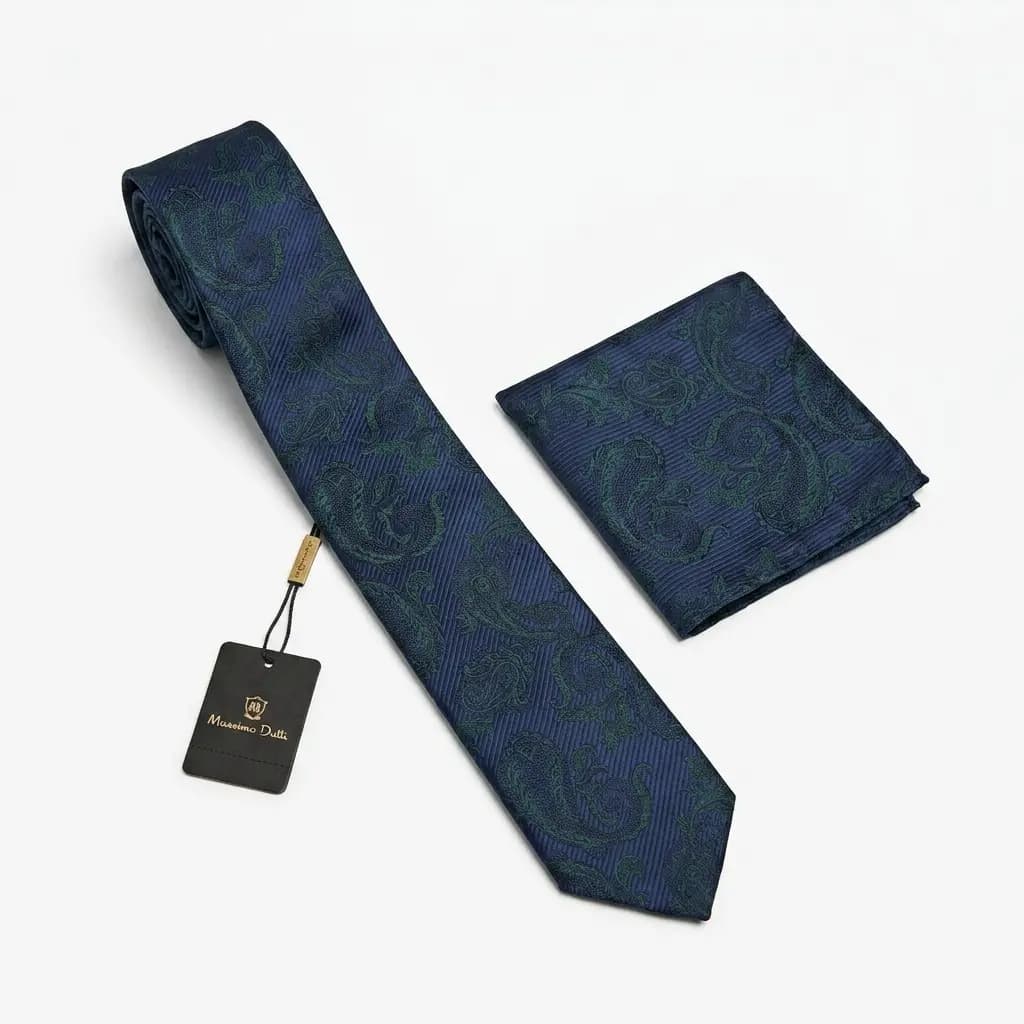 کراوات و پوشت دستدوز طرح جقه سبز برند Massimo Dutti