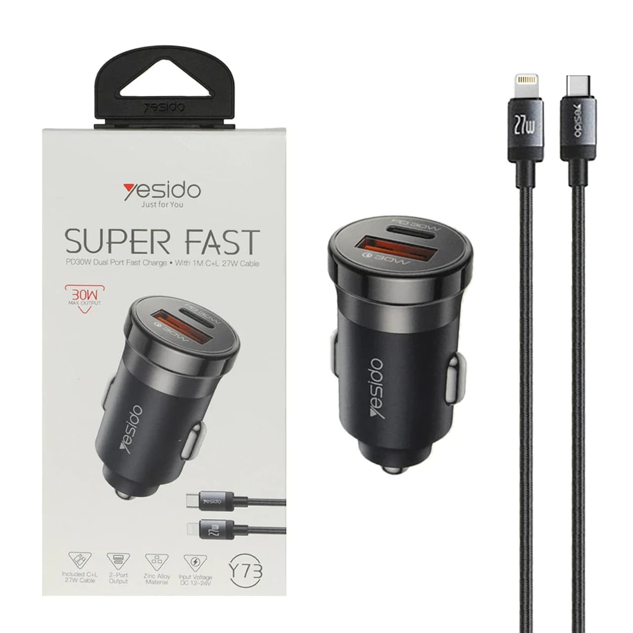 شارژر فندکی سوپر فست وPD دو پورت Yesido مدل Y73 30W به همراه کابل شارژ Type-C To Lightning – مشکی (گارانتی 12 ماه تعویض نیکان همراه)