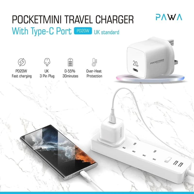 شارژر دیواری 20 وات پاوا PAWA POCKETMINI PW-PM120WUK با پورت تایپسی — تصویر ۳