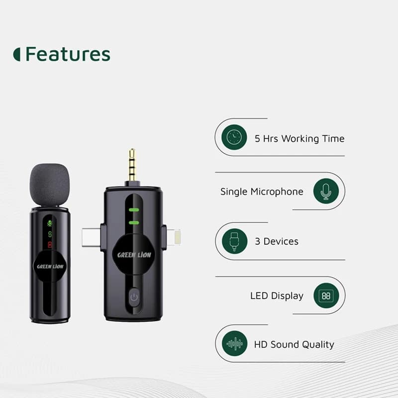 میکروفن بی سیم گرین لاین مدل GM-79X با درگاه اتصال USB-C/لایتنینگ/AUX — تصویر ۷