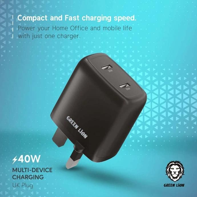 شارژر دیواری 40 وات گرین لاین مدل سه شاخه Dual Port USB-C UK — تصویر ۵