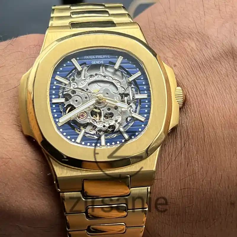 ساعت مچی مردانه پتک فیلیپ ناتیلوس اسکلتون اتومات طلایی صفحه آبی Patek Philippe Nautilus Skeleton Automatic Golden Blue Screen — تصویر ۸