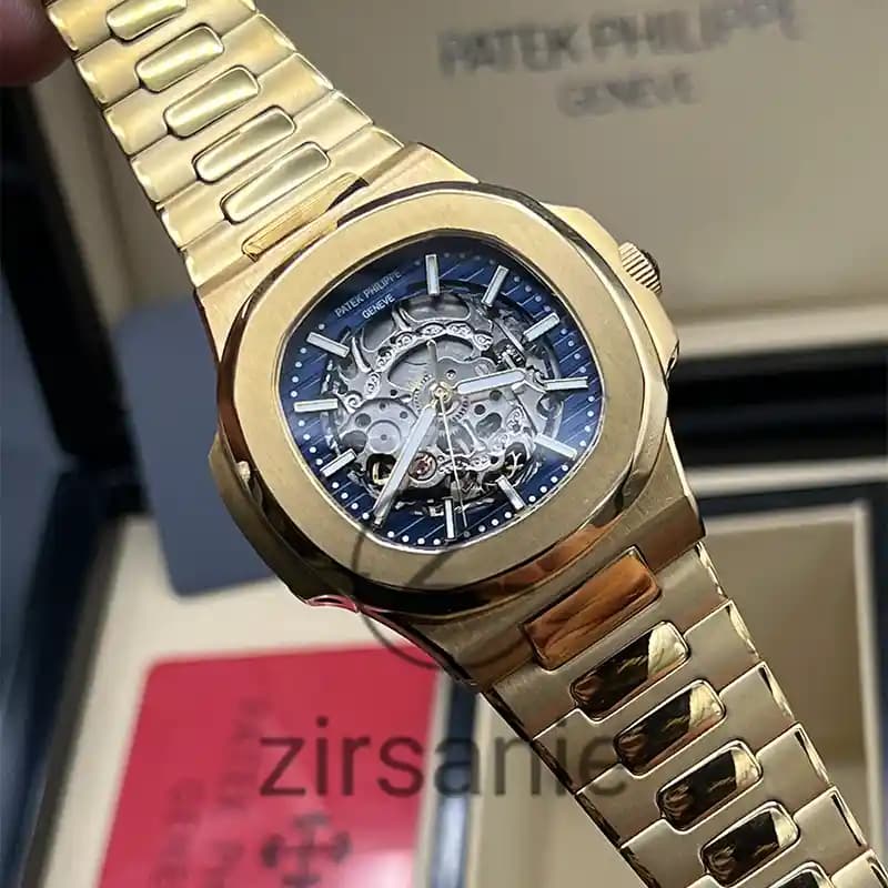 ساعت مچی مردانه پتک فیلیپ ناتیلوس اسکلتون اتومات طلایی صفحه آبی Patek Philippe Nautilus Skeleton Automatic Golden Blue Screen — تصویر ۷