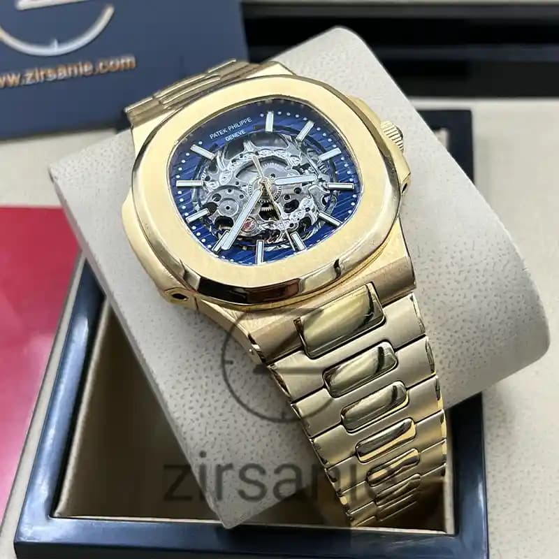 ساعت مچی مردانه پتک فیلیپ ناتیلوس اسکلتون اتومات طلایی صفحه آبی Patek Philippe Nautilus Skeleton Automatic Golden Blue Screen — تصویر ۳