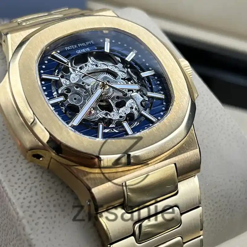 ساعت مچی مردانه پتک فیلیپ ناتیلوس اسکلتون اتومات طلایی صفحه آبی Patek Philippe Nautilus Skeleton Automatic Golden Blue Screen — تصویر ۵