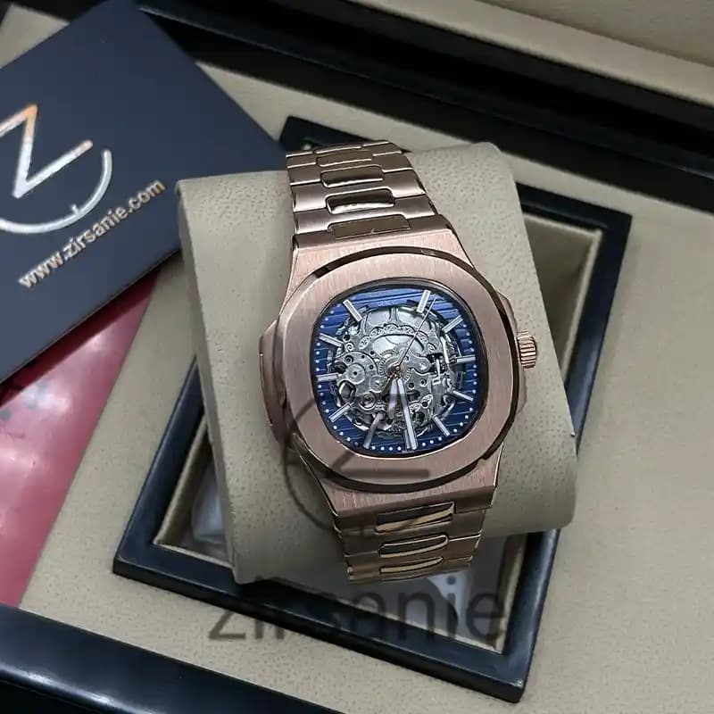 ساعت مچی مردانه پتک فیلیپ ناتیلوس اسکلتون اتومات رزگلد صفحه آبی Patek Philippe Nautilus Skeleton Automatic RoseGold Blue Screen — تصویر ۳