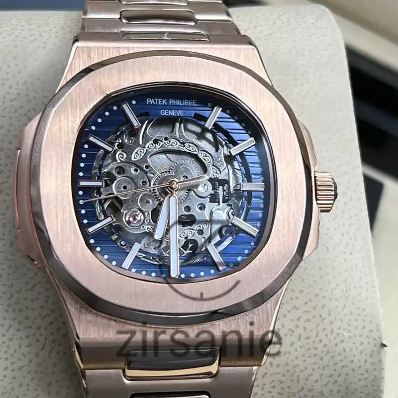 ساعت مچی مردانه پتک فیلیپ ناتیلوس اسکلتون اتومات رزگلد صفحه آبی Patek Philippe Nautilus Skeleton Automatic RoseGold Blue Screen — تصویر ۵