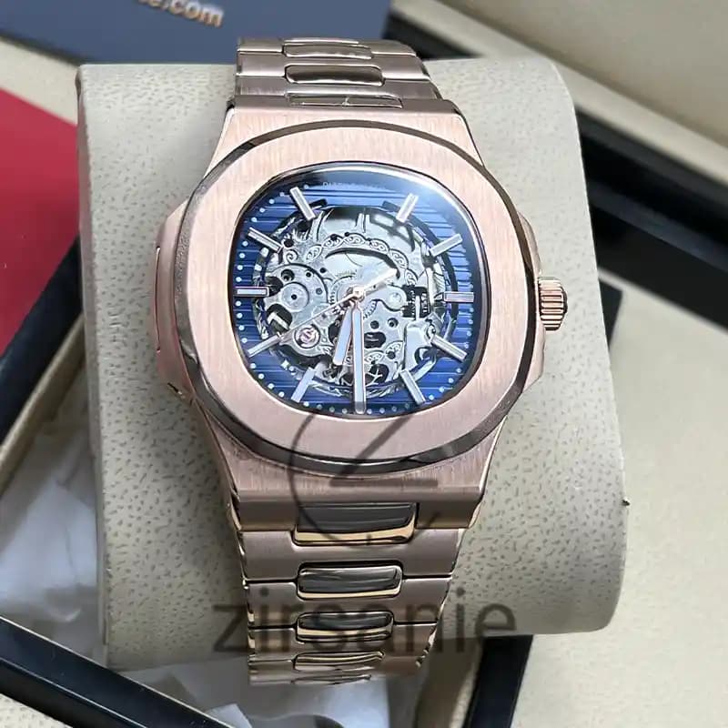 ساعت مچی مردانه پتک فیلیپ ناتیلوس اسکلتون اتومات رزگلد صفحه آبی Patek Philippe Nautilus Skeleton Automatic RoseGold Blue Screen — تصویر ۴