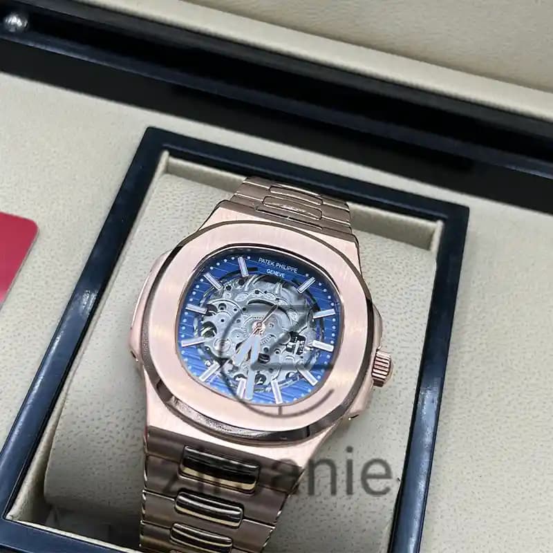 ساعت مچی مردانه پتک فیلیپ ناتیلوس اسکلتون اتومات رزگلد صفحه آبی Patek Philippe Nautilus Skeleton Automatic RoseGold Blue Screen — تصویر ۲