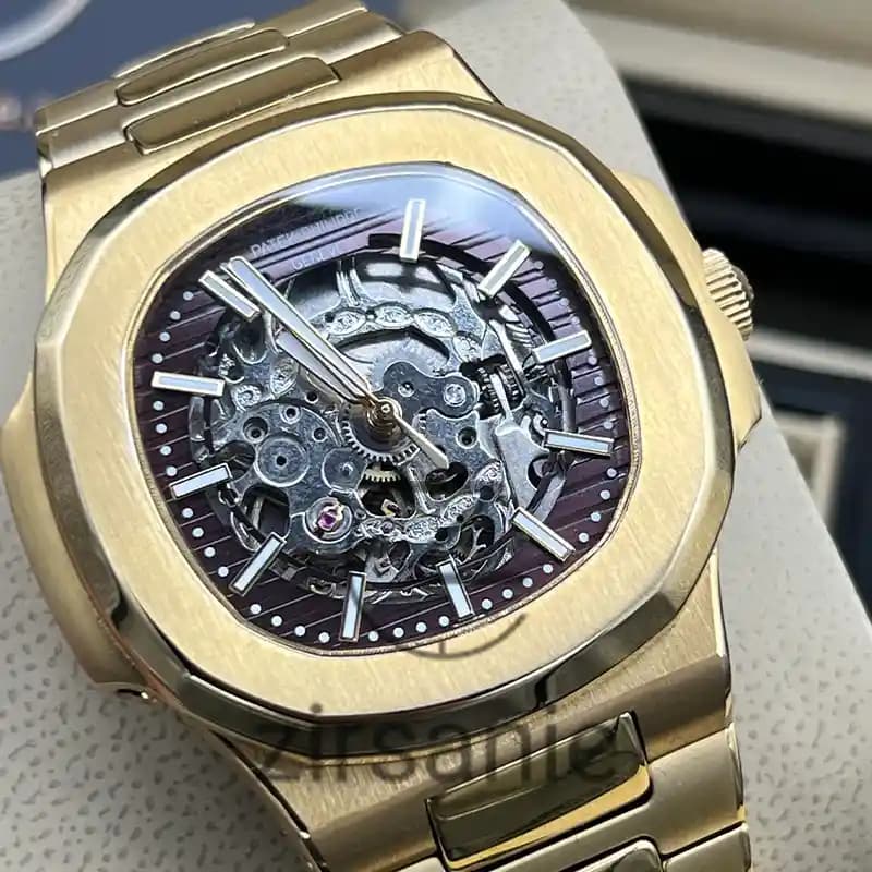 ساعت مچی مردانه پتک فیلیپ ناتیلوس اسکلتون اتومات طلایی صفحه قهوه ای Patek Philippe Nautilus Skeleton Automatic Golden Brown Screen — تصویر ۳