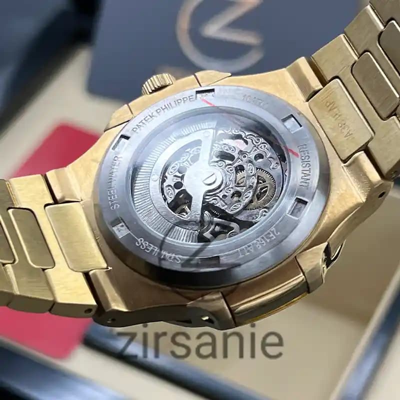 ساعت مچی مردانه پتک فیلیپ ناتیلوس اسکلتون اتومات طلایی صفحه قهوه ای Patek Philippe Nautilus Skeleton Automatic Golden Brown Screen — تصویر ۵