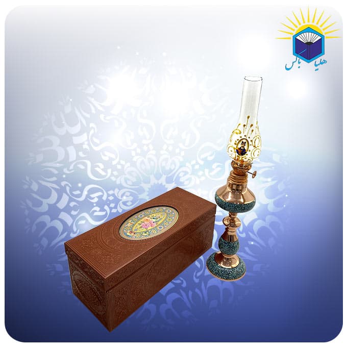 چراغ نفتی مس و فیروزه کوب با جعبه ام دی اف چرمی