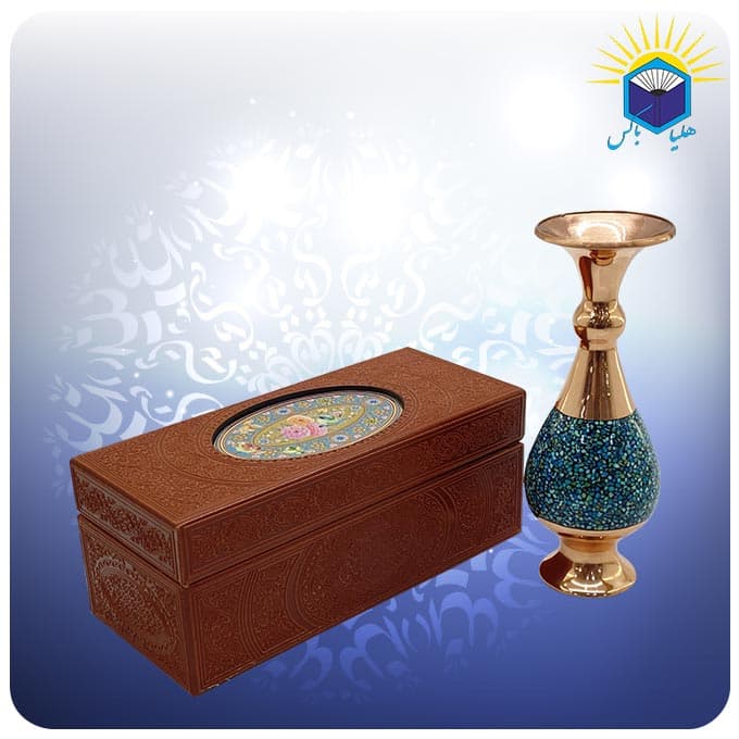 گلدان مس و فیروزه کوبی طرح صراحی ۱۶ سانتی با جعبه MDF چرمی