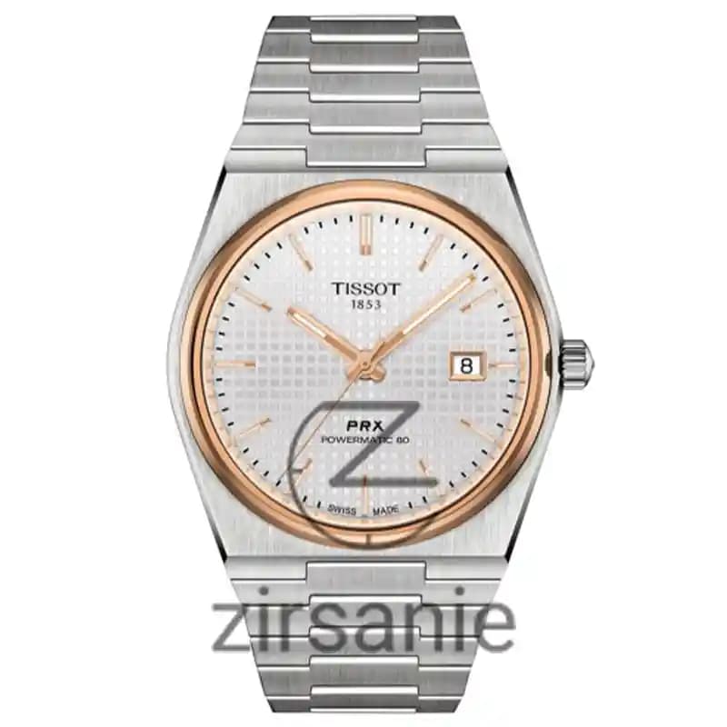 ساعت مچی مردانه تیسوت PRX سیلور رزگلد صفحه سفید Tissot PRX Gold Silver RoseGold White Screen