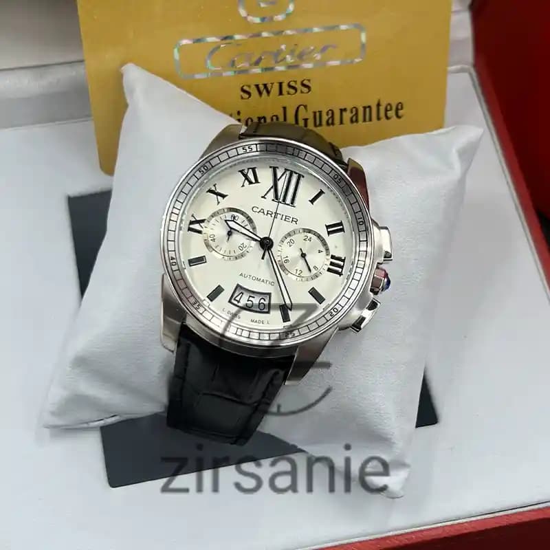 ساعت مچی مردانه کارتیر کالیبر کرنورا سیلور بند چرم Cartier Calibre de Cartier Chronograph Silver Leather Strap — تصویر ۲