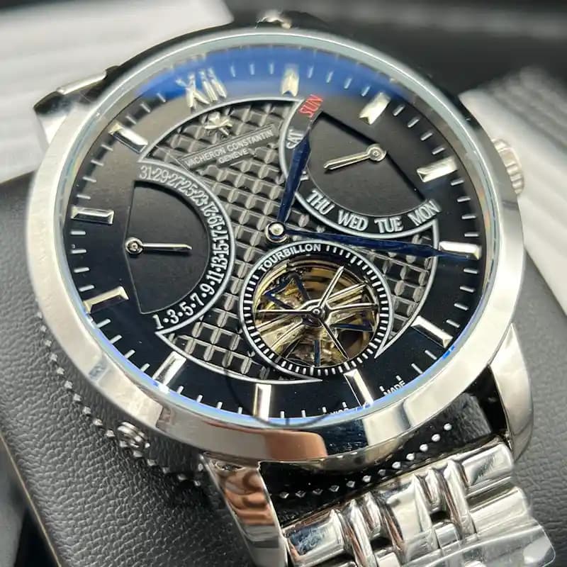 ساعت مچی مردانه واشرون کنستانتین توربیون اتومات سیلور صفحه مشکی Vacheron Constantin Tourbillon Automatic Silver Black Screen — تصویر ۳