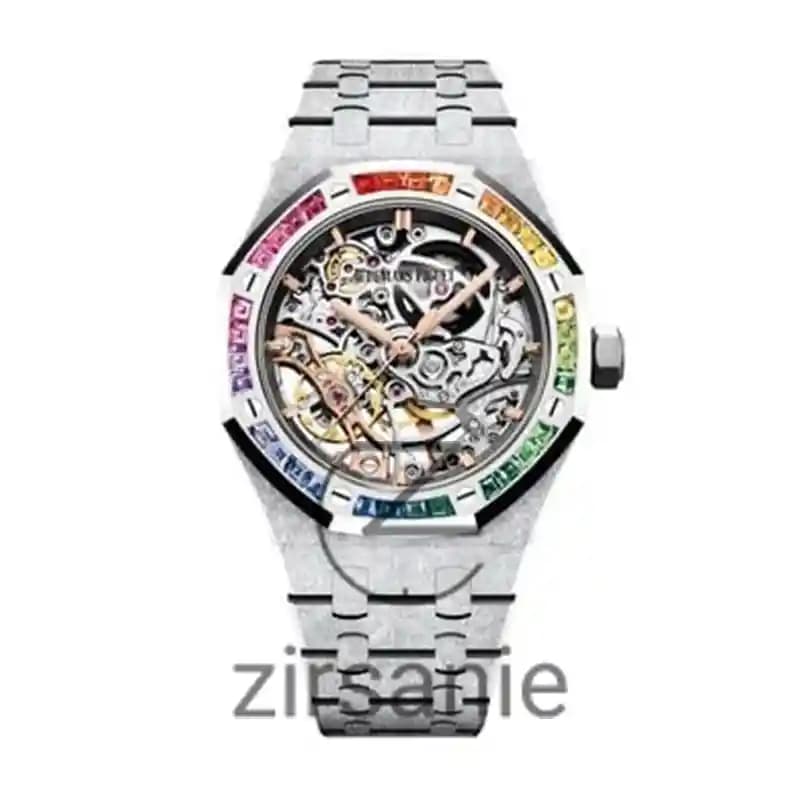 ساعت مچی مردانه اودمار پیگه صفحه اسکلتون سیلور دور نگین Audemars Piguet Silver Skeleton Daimand