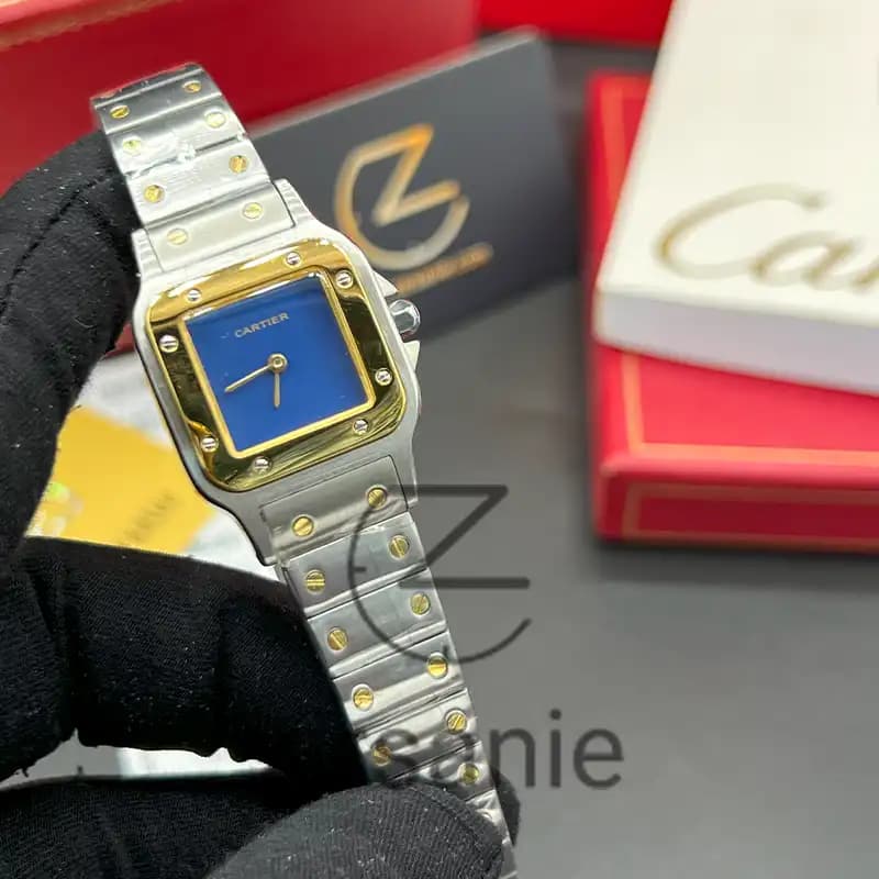 ساعت مچی زنانه کارتیر د سانتوز Cartier de Santos Metal Silver Gold Blue screen — تصویر ۶