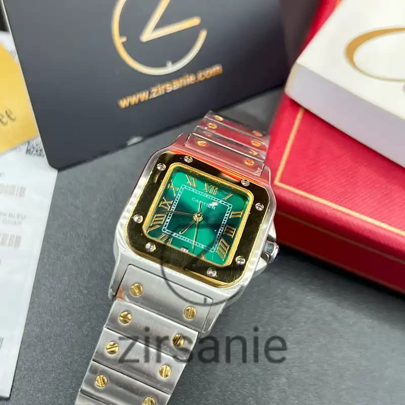 ساعت مچی زنانه کارتیر د سانتوز Cartier de Santos Metal Silver Gold Green screen — تصویر ۸