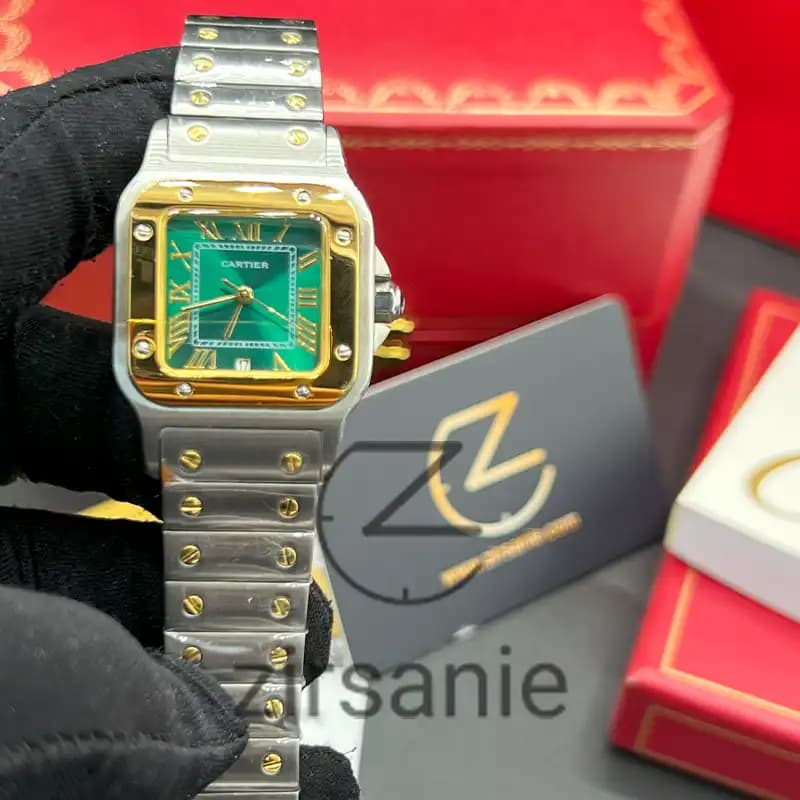 ساعت مچی زنانه کارتیر د سانتوز Cartier de Santos Metal Silver Gold Green screen — تصویر ۱۱