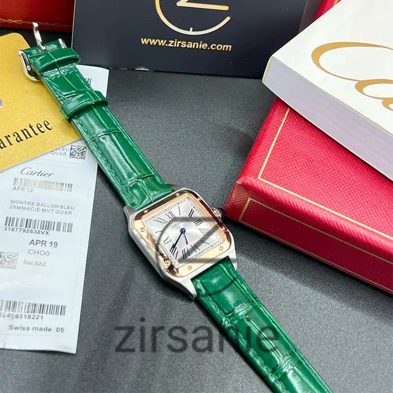 ساعت مچی زنانه کارتیر د سانتوز Cartier de Santos Leather Strap RoseGold Green — تصویر ۳