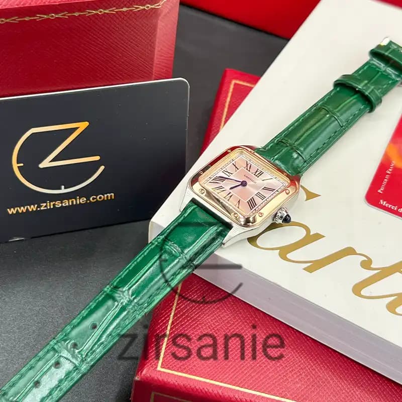 ساعت مچی زنانه کارتیر د سانتوز Cartier de Santos Leather Strap RoseGold Green — تصویر ۴