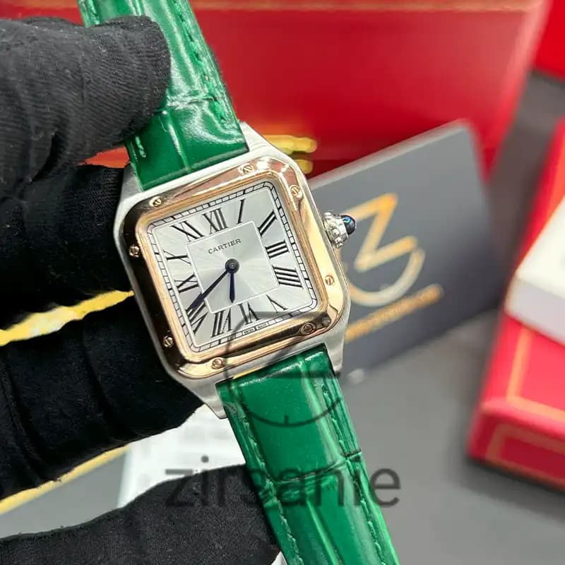 ساعت مچی زنانه کارتیر د سانتوز Cartier de Santos Leather Strap RoseGold Green — تصویر ۵