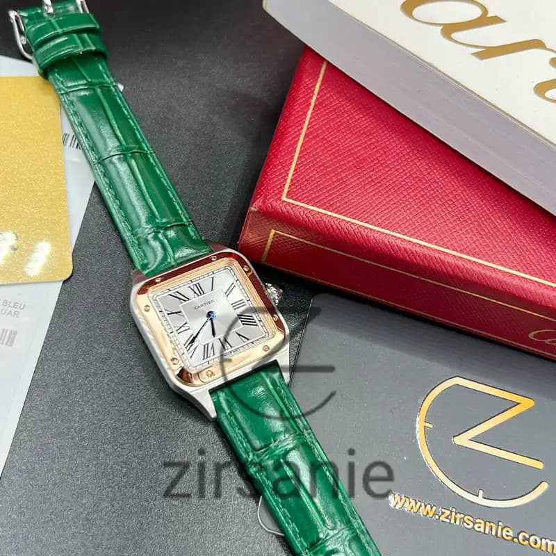 ساعت مچی زنانه کارتیر د سانتوز Cartier de Santos Leather Strap RoseGold Green — تصویر ۲