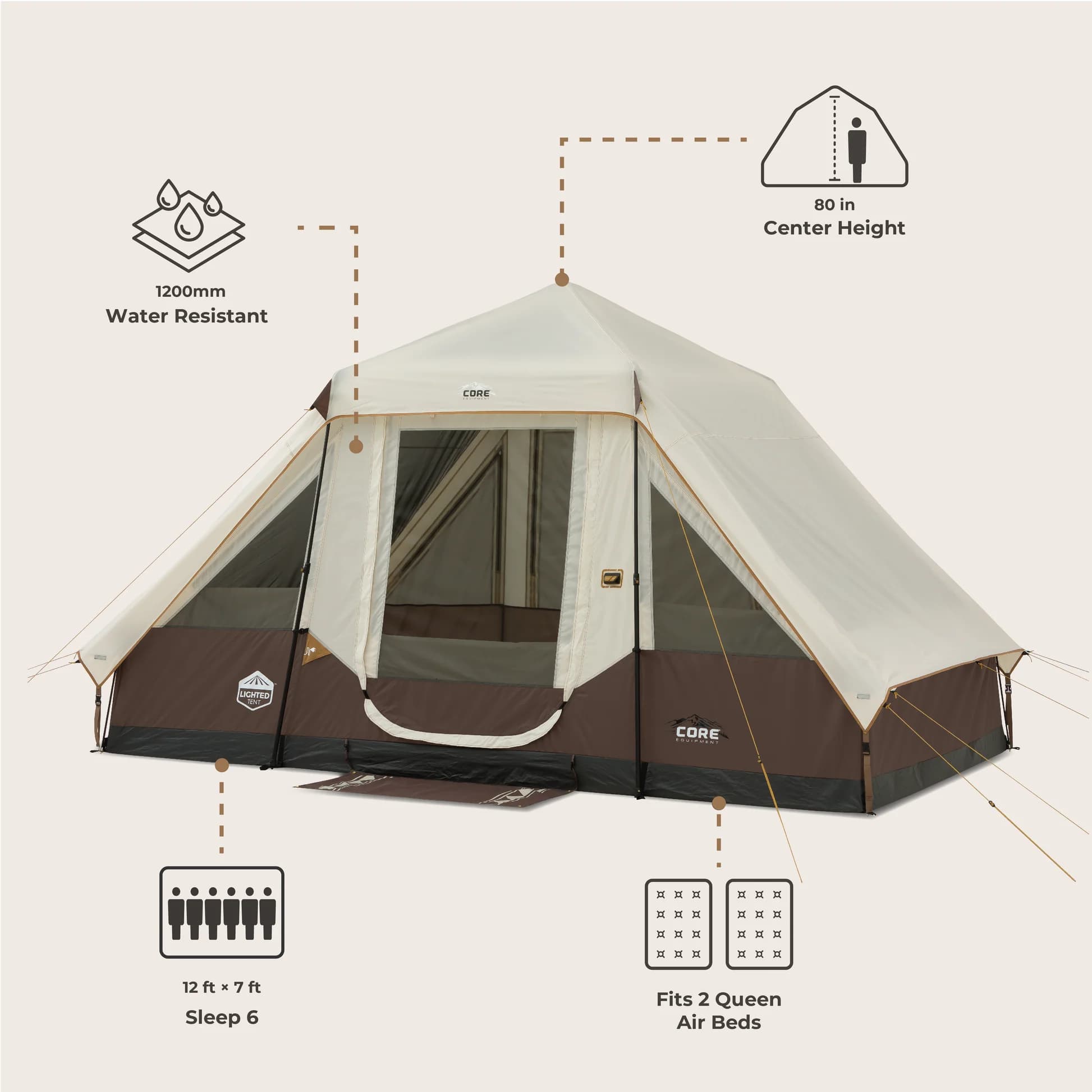 چادر اتومات کر سرخپوستی – 6 نفره چراغ دار کمپینگ Core 6 Person Lighted Instant Pyramid Tent — تصویر ۴