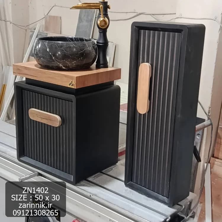 روشویی کوچک سنگی کابینتی دیواری مشکی طرح چوب زرین نیک کد ZN1402 — تصویر ۲