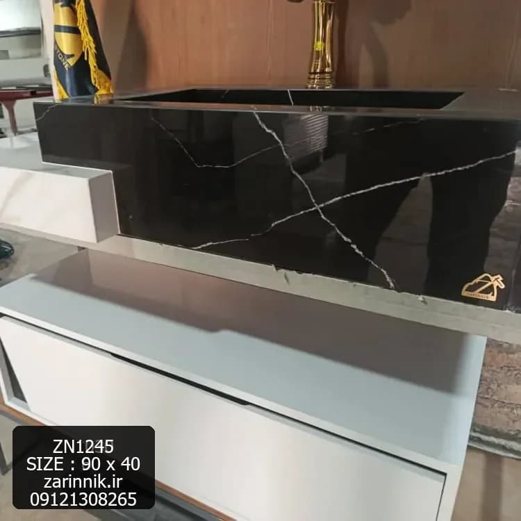 روشویی سرامیکی فول ست 40×90 سفید مشکی بااینه باکس کد ZN1245 — تصویر ۳