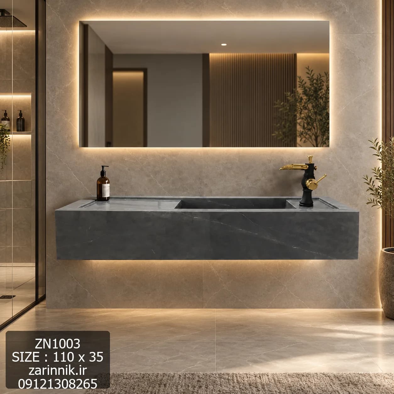 روشویی سرامیکی 35*110 تک مدرن زرین نیک شیر بغل کد ZN1003