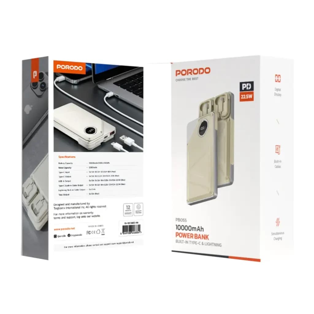پاوربانک 10000 هزار پرودو مدل Porodo 10000mAh Power Bank Built-In Type-C & Lightning PD-PBFCH055 — تصویر ۴