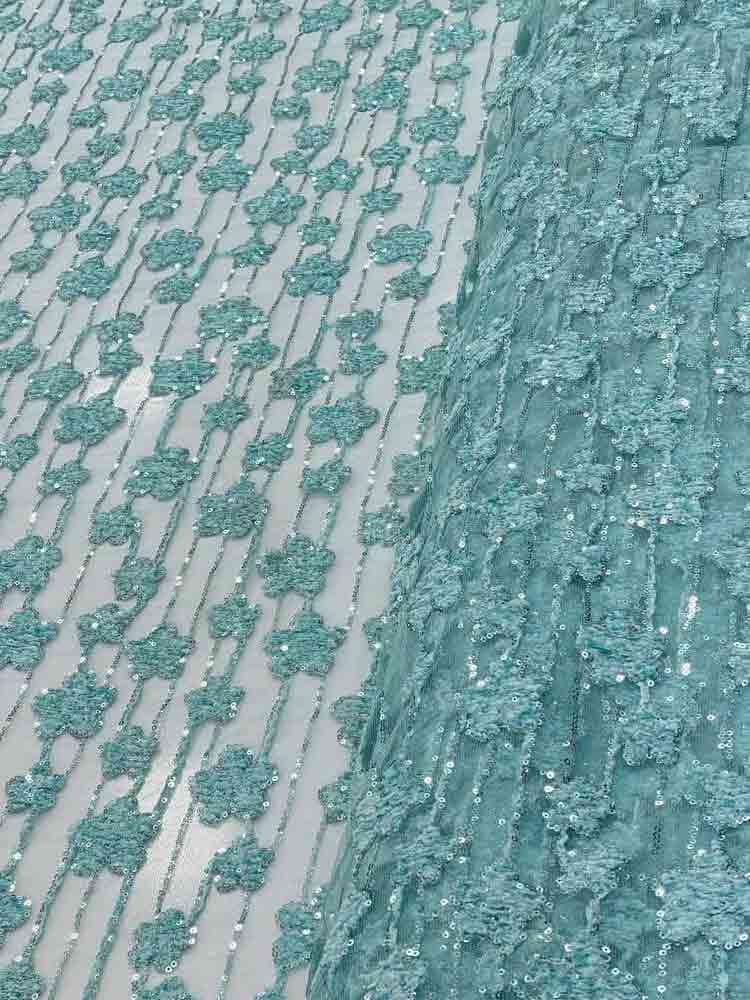پارچه توری گل مخمل فیروزهای — تصویر ۲