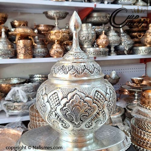 آجیل خوری درب دار بدون پایه آب نقره قلم مدل نفیس