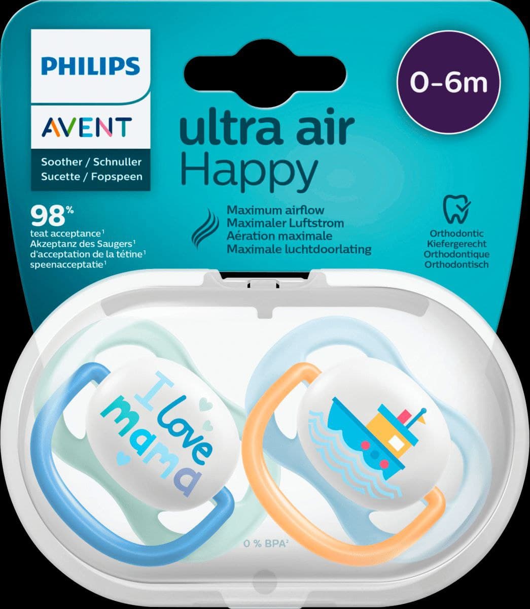 پستانک تکی فیلیپس اونت مدل Ultra Air طرح کشتی و لاو ماما مناسب نوزاد ۰ تا ۶ ماه — تصویر ۲