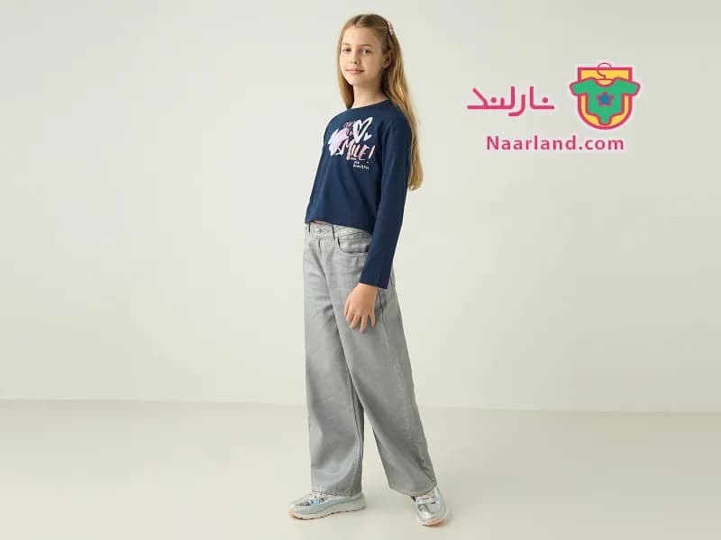 تیشرت کراپ آستین بلند نخی برند Juniors سرمه ای طرح قلب — تصویر ۳