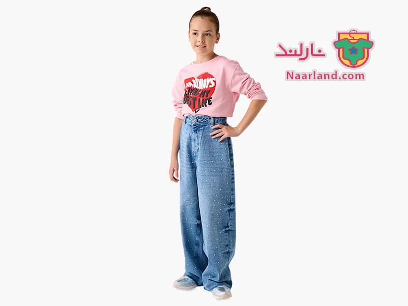تیشرت کراپ آستین بلند نخی برند Juniors صورتی طرح قلب قرمز — تصویر ۳