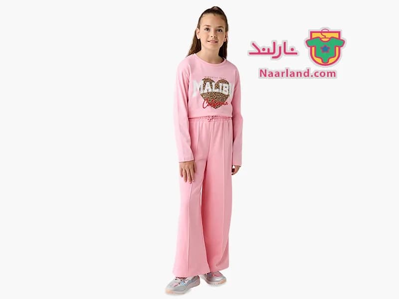 تیشرت کراپ آستین بلند نخی برند Juniors صورتی طرح قلب پلنگی — تصویر ۳
