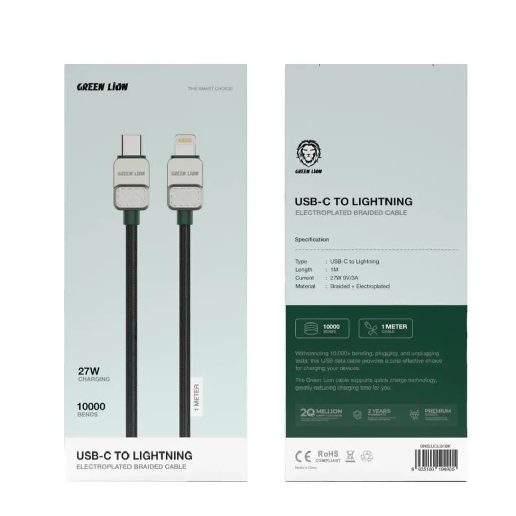 کابل نایلونی تایپ سی به لایتنینگ 1 متری گرین لاین(GNELUCLG1BK)Green Lion USB-C to Lightning Electroplated Braided Cable — تصویر ۲