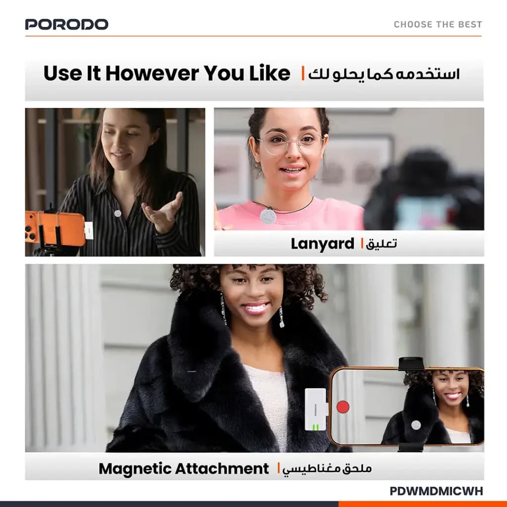 میکروفون یقه ای بی سیم دو عددی پرودو( PD-WMDMIC)Porodo Lavalier Microphones Type-C Connector With Lightning Adapter — تصویر ۶