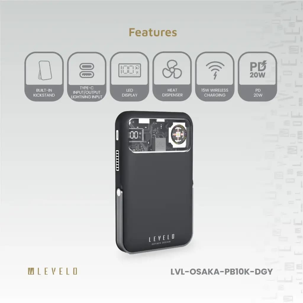 پاوربانک قابل حمل 10 هزار Osaka لولو(LVL-OSAKA)Levelo Osaka Portable 10000mAh Power Bank – Dark Grey — تصویر ۲
