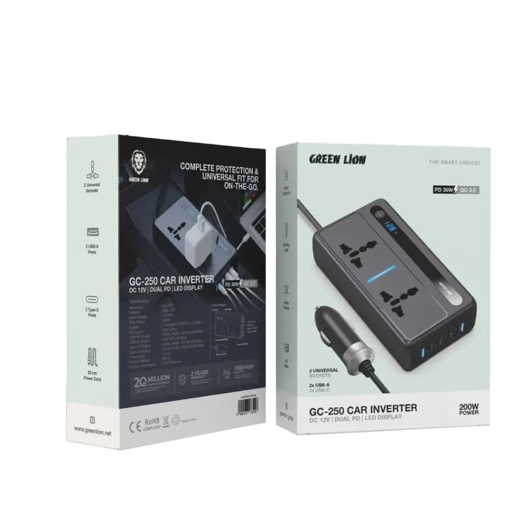 اینورتر و مبدل برق فندکی 200 وات گرین لاین (GN200WCRINVBK) Green Lion GC-250 Car Inverter 200W – Black — تصویر ۳
