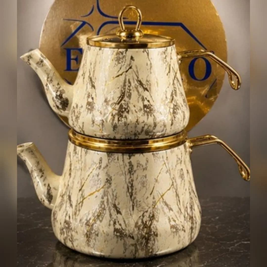 کتری و قوری گرانیت ماربل Embico دسته طرح چوب کد 3076 — تصویر ۲