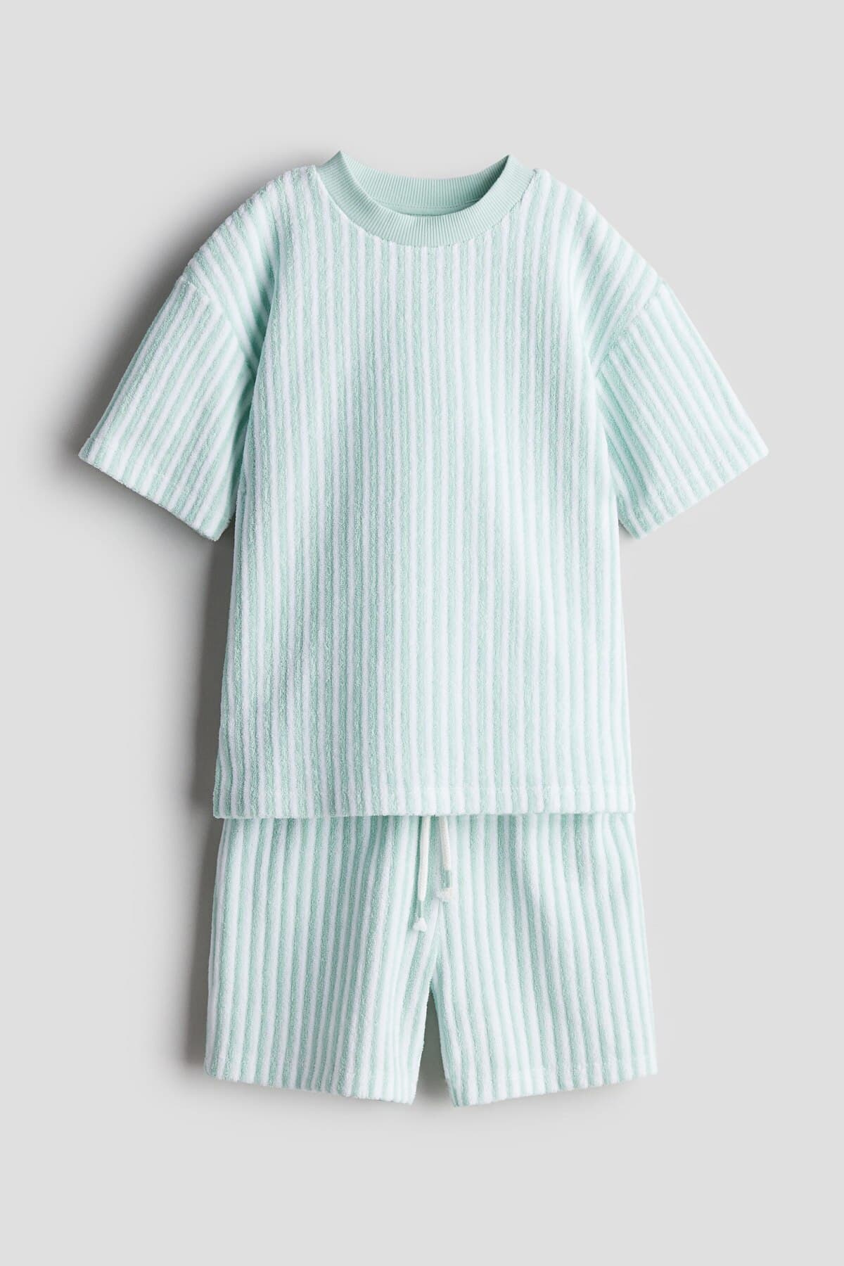 ست تی شرت و شلوارک اچ اند ام پسرانه پارچه بژ راه راه کژوال/روزمره | H&M 1241000 CN